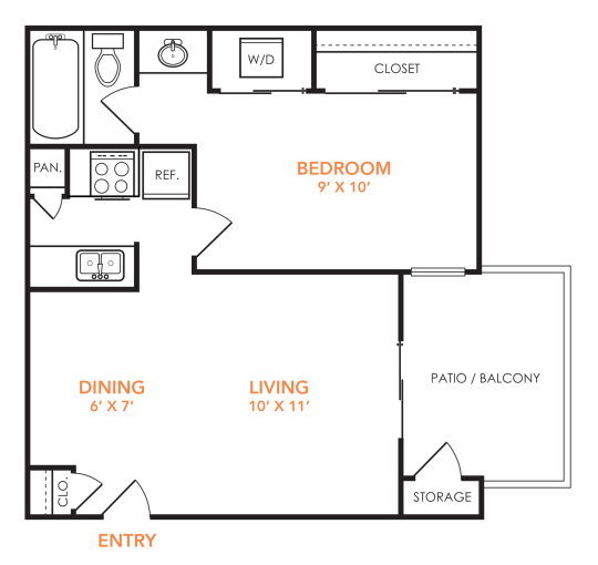 Preslee A1 floorplan featuring 1 bedroom, 1 bathroom, and 524 square feet, with a living/dining area and private patio/balcony.