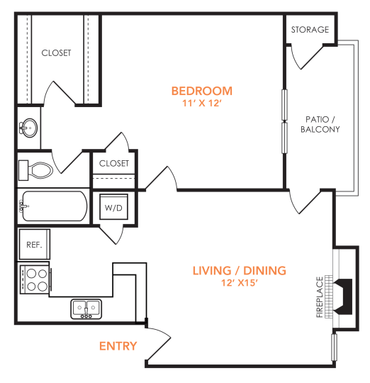 Preslee A2 floorplan featuring 1 bedroom, 1 bathroom, and 634 square feet, with a spacious living/dining area and private balcony.