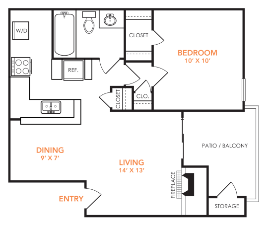 Preslee A3 floorplan with 1 bedroom, 1 bathroom, and 730 square feet, including a large living area and private balcony.