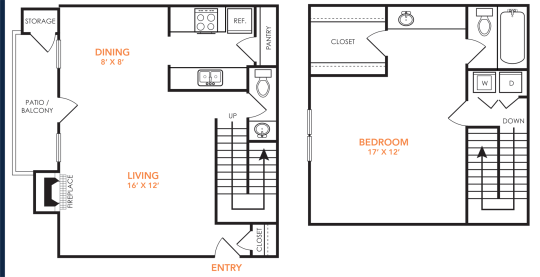 Preslee A4 floorplan featuring 1 bedroom, 1.5 bathrooms, and 850 square feet with a split-level design and private balcony.