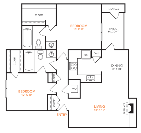 Preslee B1 floorplan featuring 2 bedrooms, 2 bathrooms, and 1,065 square feet, with a spacious living/dining area and private patio.